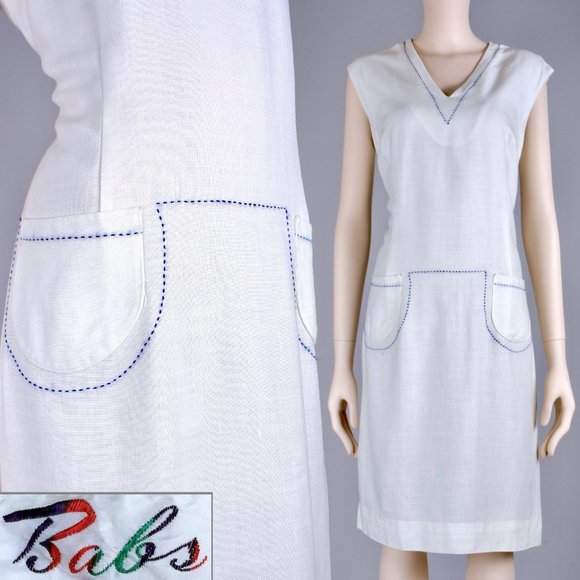 L Vintage 60s Contrast Stitched Simple Shift Dress - Picture 1 of 9
